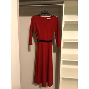 Classic Calvin Klein Red Long Sleeve Belted Midi Dress - Size 6